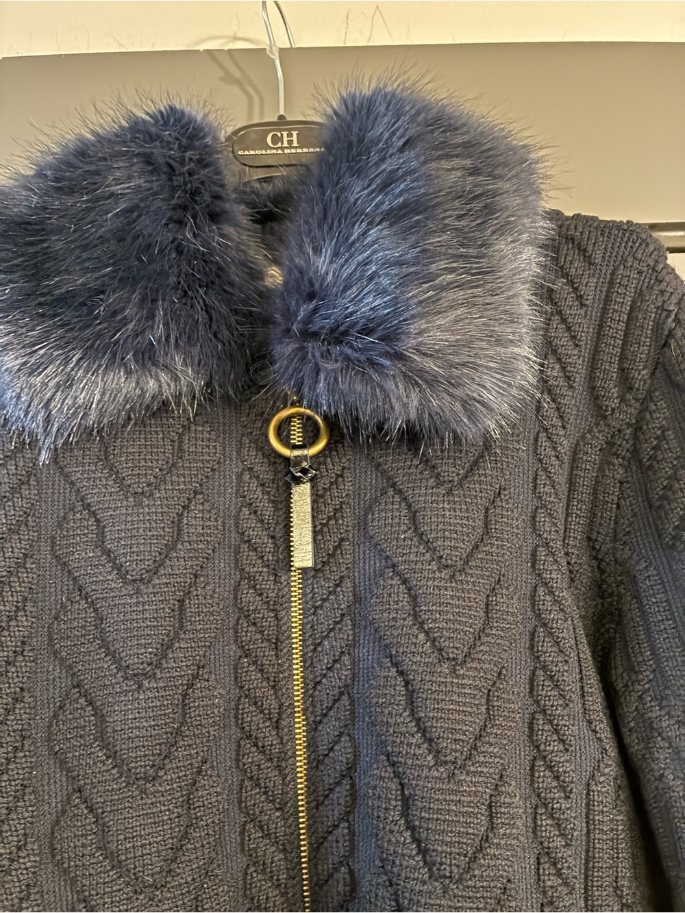Tory Burch Navy Cable-Knit Sweater with Faux Fur detachable Collar